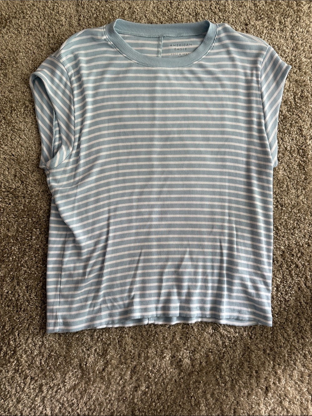 American Eagle Outfitters Light Blue & White Ribbed Striped Short Sleeve Tee